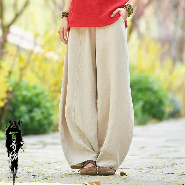 Retro Slimming Washed Casual Bloomers Trousers Raw Hemp - Shop at LoveMi