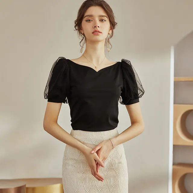 Luoyi Lady Heart shaped Collar Knitted T shirt Spring New Solid Color Stitching Mesh Bubble Sleeve Top 04008 Black - Shop at LoveMi