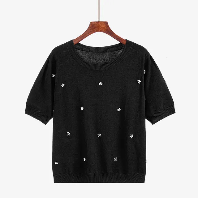 Large Size Women's Round Neck Loose Plus Size Mm Beaded Korean Women's Short sleeved Shirt Sweater Black - Shop at LoveMi