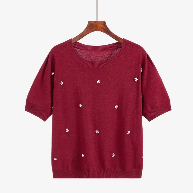 Large Size Women's Round Neck Loose Plus Size Mm Beaded Korean Women's Short sleeved Shirt Sweater Red - Shop at LoveMi