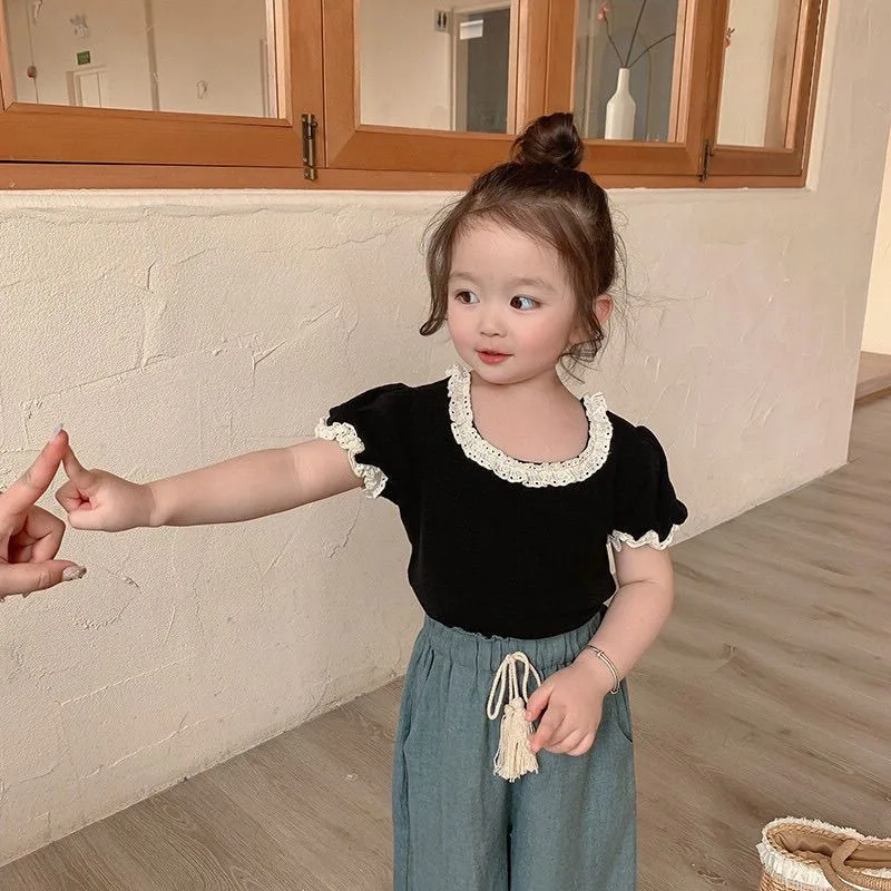 Korean Girls" Short Sleeve Summer New T-shirt Lace Baby - Black