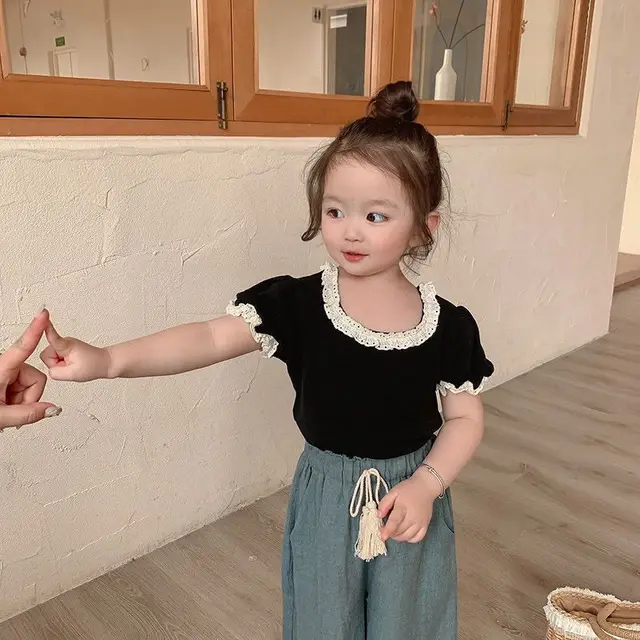 Korean Girls" Short Sleeve Summer New T shirt Lace Baby Black - Shop at LoveMi
