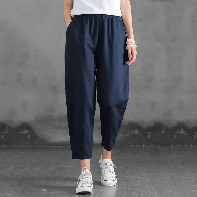 Cropped Pants Loose Harem Casual Pants Navy Blue - Shop at LoveMi