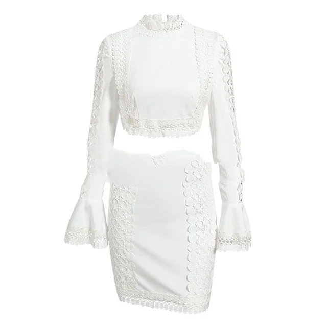 Summer New Skirt Two piece Women's White Lace Flared Sleeve Top Short Skirt Suit White - Shop at LoveMi