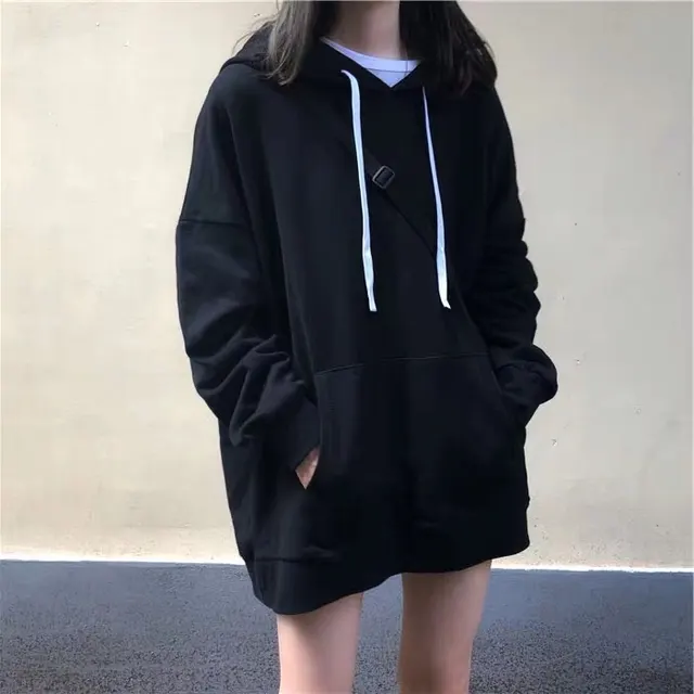 New Solid Color Long Sleeved Sweater Women Loose Hooded Jacket Black - Shop at LoveMi