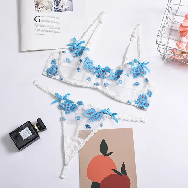 Sexy Lingerie Set Three Dimensional Flower Embroidery Midsummer New Sexy Female Blue - Shop at LoveMi