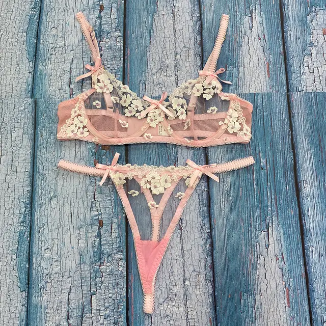 Sexy Lingerie Set Three Dimensional Flower Embroidery Midsummer New Sexy Female Pink - Shop at LoveMi