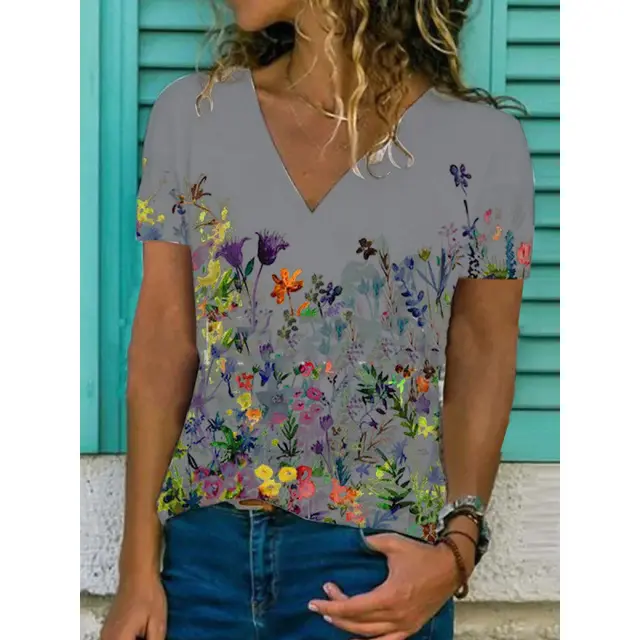 Flower Print Casual V Neck Short Sleeved T Shirt Women Grey - Shop at LoveMi