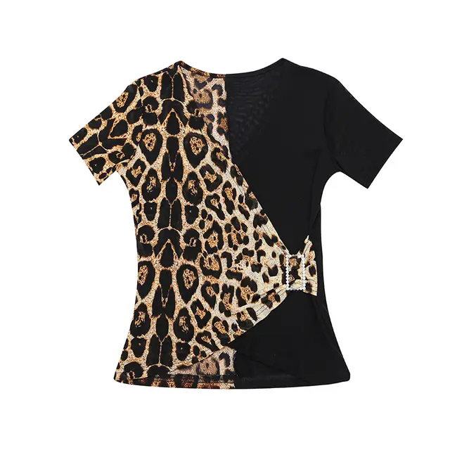 Summer Short Sleeve T Latin National Standard Dance V Neck Top Leopard Print Sexy Friendship Modern Square Dance Shirt Training Suit Photo Color - Shop at LoveMi