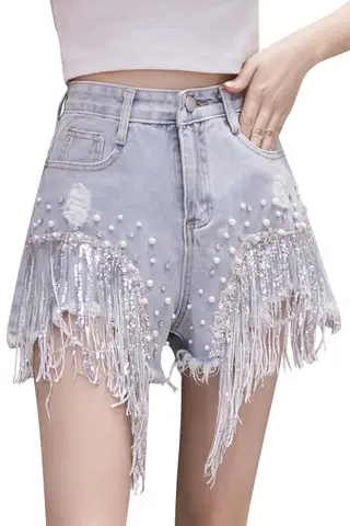 Diamond Fringed Denim Shorts Women's Summer Net Celebrity High-Waisted A-Line Wide-Leg Pants Wearing Casual Hot Pants - Blue
