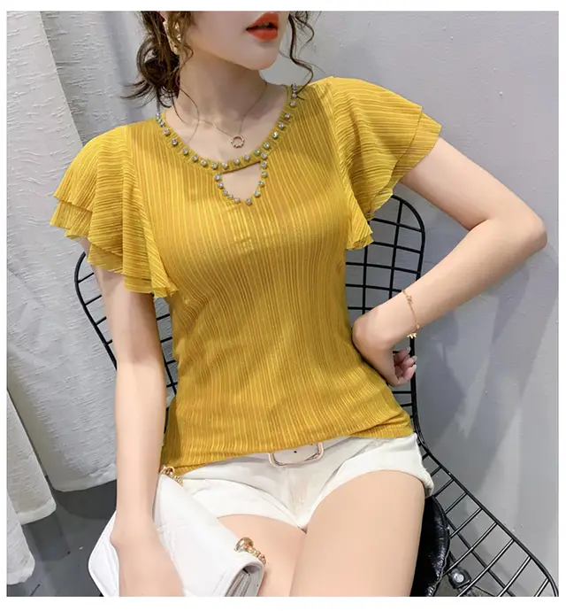 New Fashion Short Sleeve T Shirt With Hollow And Diamond Mesh And Women"s Flying Sleeve Top Yellow - Shop at LoveMi