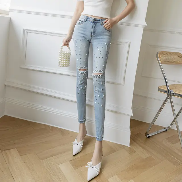 Light Color Retro Hole Beaded High Waist Cropped Pencil Pants Blue - Shop at LoveMi