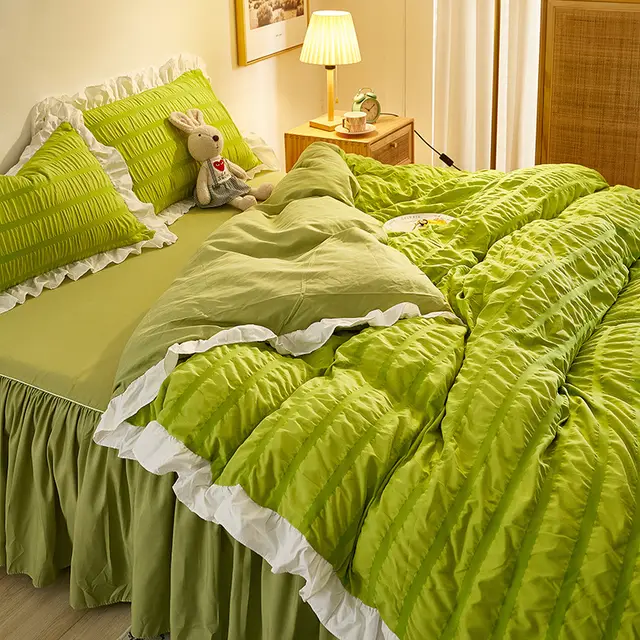Princess Style Four piece White Seersucker Lace Bed Sheet Duvet Cover Washed Cotton Bed Skirt Solid Color Three piece Suit Avocado Green - Shop at LoveMi