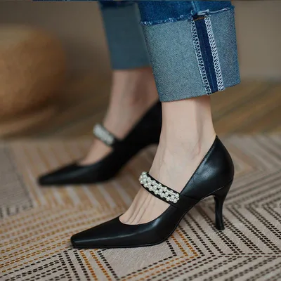 Temperament pointed toe single shoes women stiletto high heels women leather Black - Shop at LoveMi