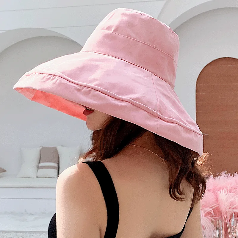 Cotton Linen Plaid Sun Hat Elegant Big Wide Brim Foldable Anti-UV