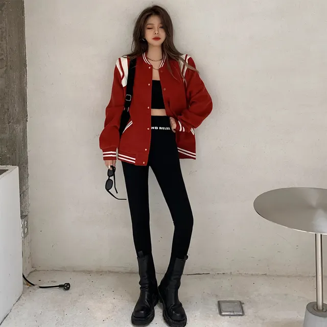 spring and autumn new baseball uniform women's jacket ins tide Korean version of loose student bf wind thick woolen jacket Red - Shop at LoveMi