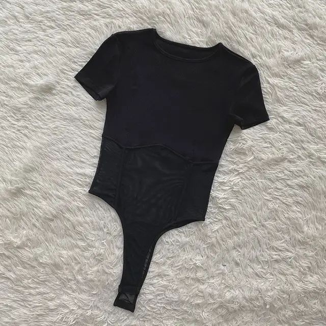 See through Sexy Mesh Bodysuit, Thin Waist And Chest, Round Neck Short sleeved T shirt Black - Shop at LoveMi