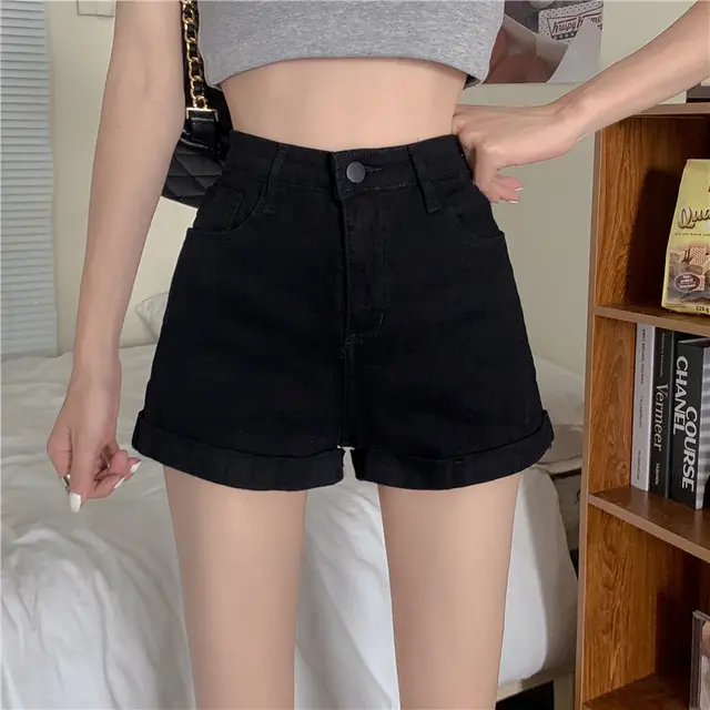 New Net Red Small High Waist Wide Leg Pants Straight Hot Pants Black - Shop at LoveMi