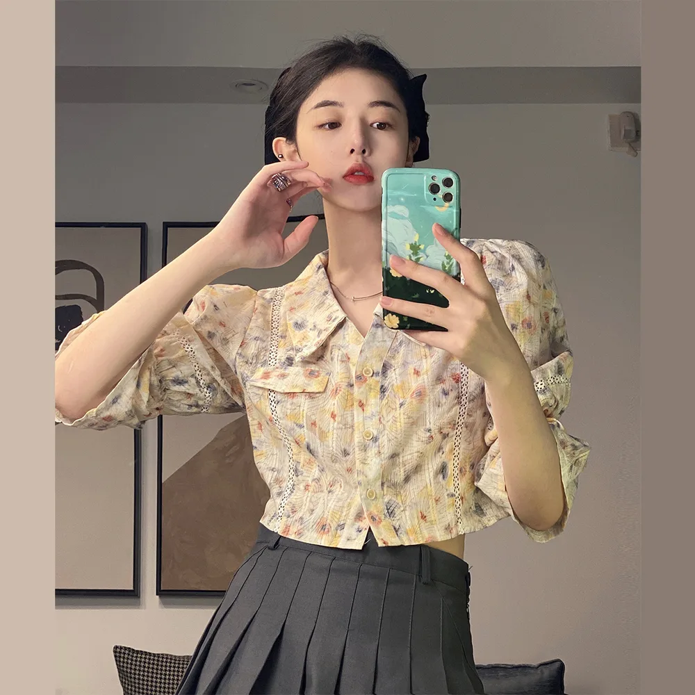 French Retro Floral Shirt Women's Sense Of Design Niche Summer New Temperament Bubble Sleeve Short Clothes Floral - Shop at LoveMi