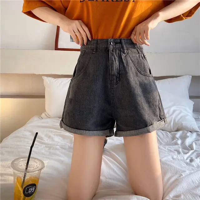 Denim Shorts Women's Trousers Wide leg Pants Loose Straight leg Curled A line Pants Grey - Shop at LoveMi