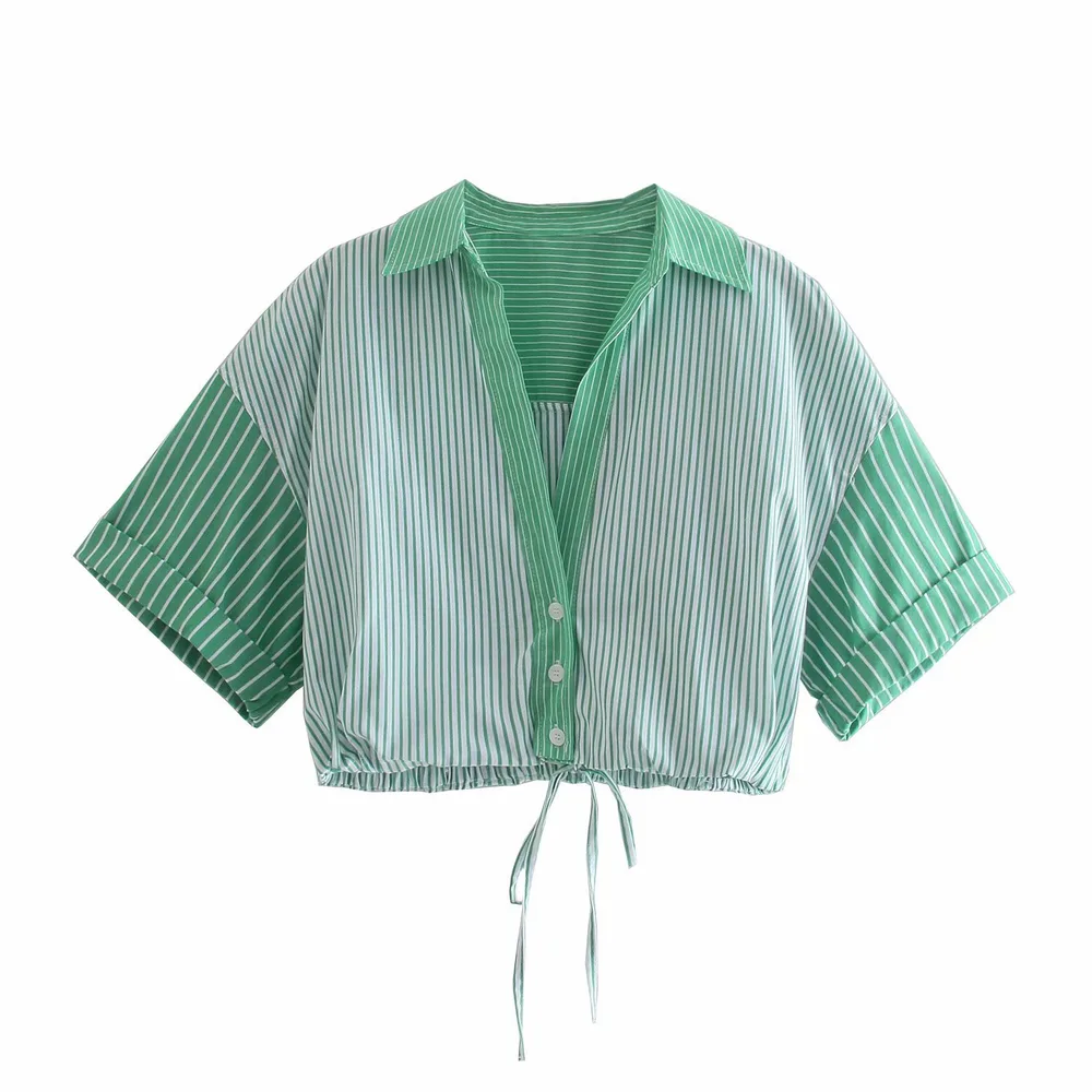 Stand up Collar Green Striped Short sleeved Lapel Shirt Tan - Shop at LoveMi