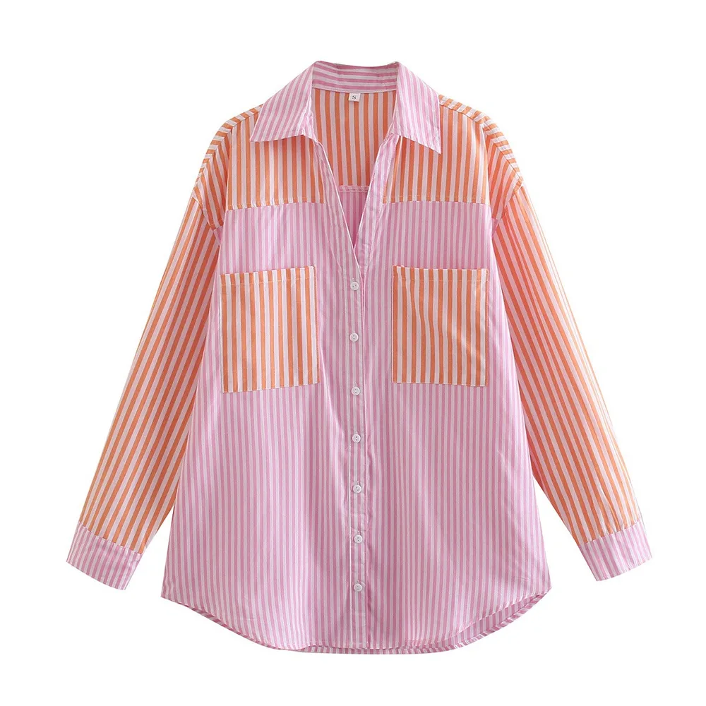 Colorblock Striped Summer Lapel Loose Blouse Pink - Shop at LoveMi