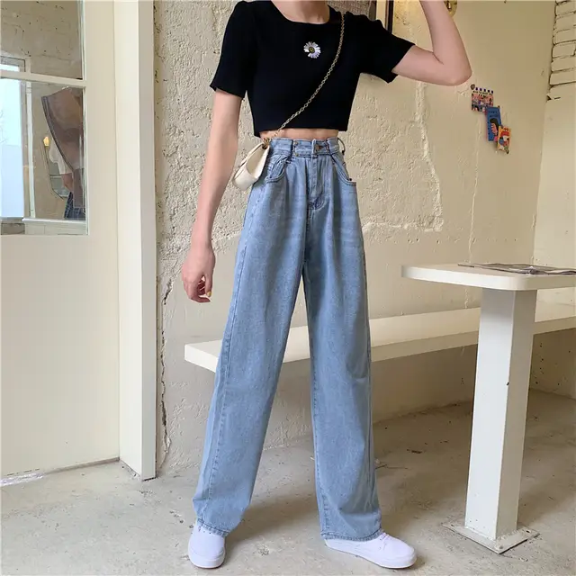 Women's High Waist Jeans Straight Drape Wide leg Pants Blue - Shop at LoveMi