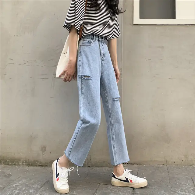 Women's Nine point Raw Edge Light colored Ripped Jeans Blue - Shop at LoveMi