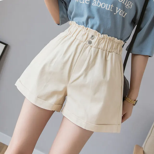 Casual Comfy Wild Shorts Women Elastic High Waist Crimping Beige - Shop at LoveMi
