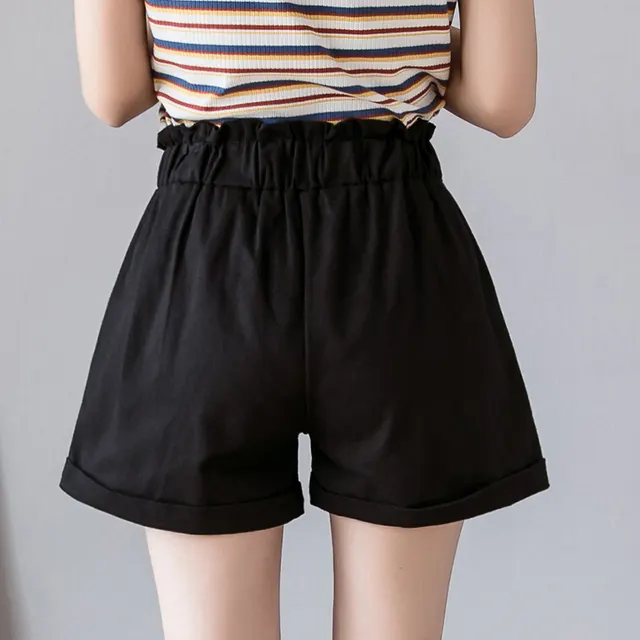 Casual Comfy Wild Shorts Women Elastic High Waist Crimping Black - Shop at LoveMi