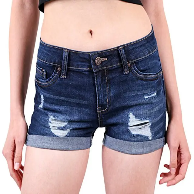 Hemming Stretch High Waist Skinny Denim Shorts Hot Pants Dark Blue - Shop at LoveMi