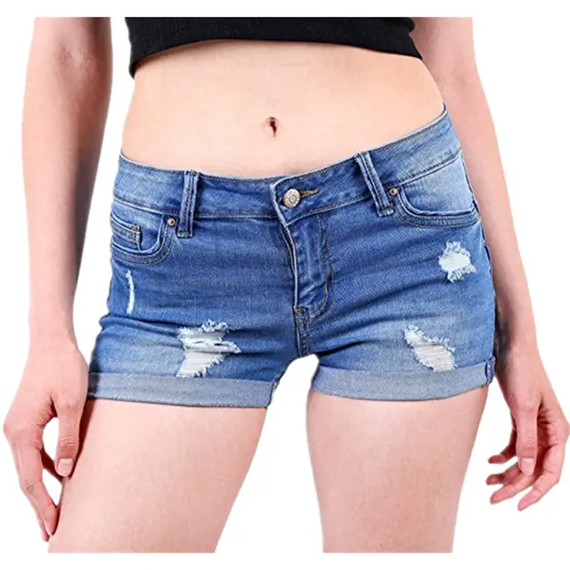 Hemming Stretch High Waist Skinny Denim Shorts Hot Pants Light Blue - Shop at LoveMi