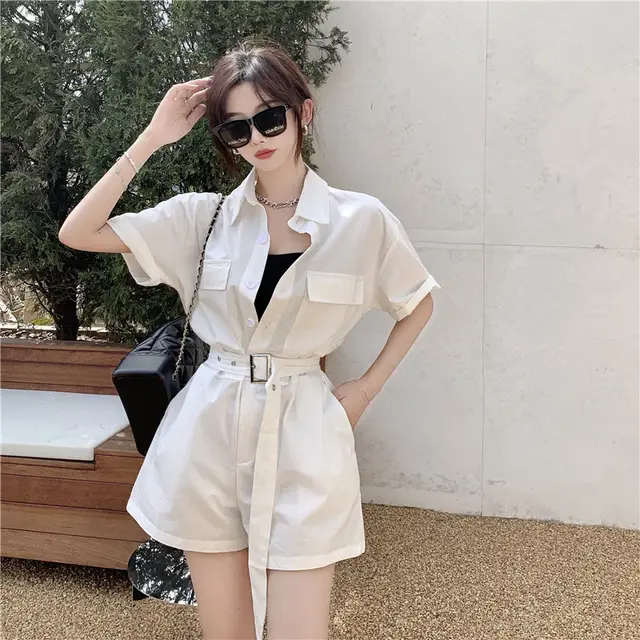 Summer New Style Casual Loose Lapel Tooling Lace Up Jumpsuit Women Wide Leg Shorts White - Shop at LoveMi