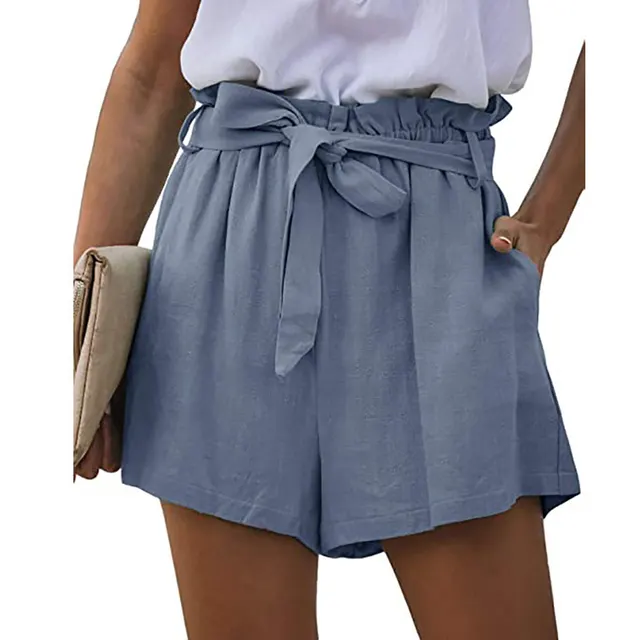 New Women's Casual Pockets Loose Elastic Lace Up Pleated Wide Leg Shorts Blue - Shop at LoveMi
