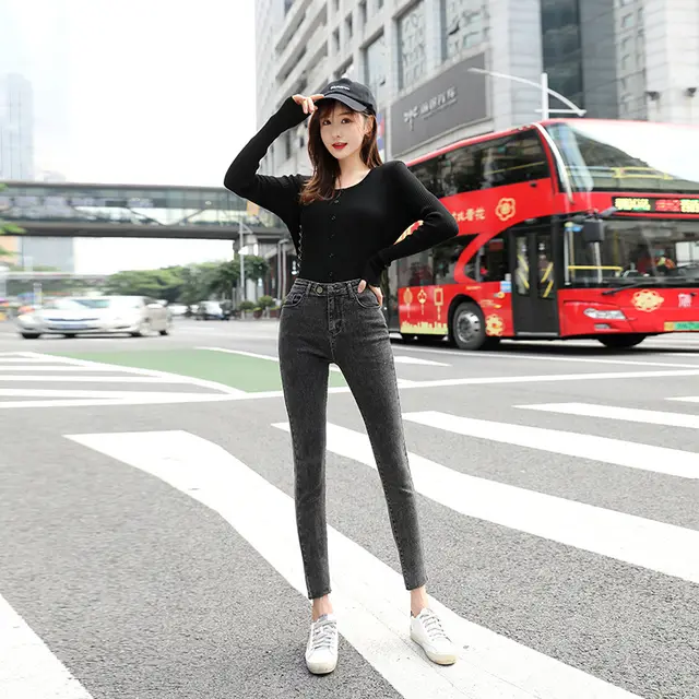 Nine point Pencil Pants Ins Net Red All match Skinny Jeans Women Grey - Shop at LoveMi