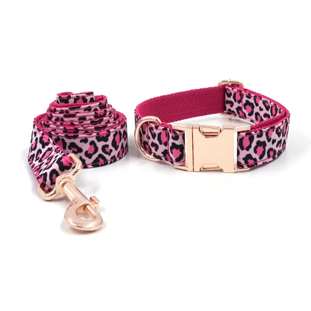 Leopard Print Rose Gold Pet Collar Leash Set Dog Collar Leash Picture Color - Shop at LoveMi