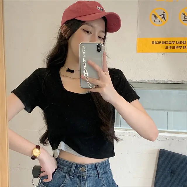 Short Top Clothes Women's Summer New High waisted Self cultivation Fake Two piece Sweet Style Short sleeved T shirt Ins Tide Black - Shop at LoveMi