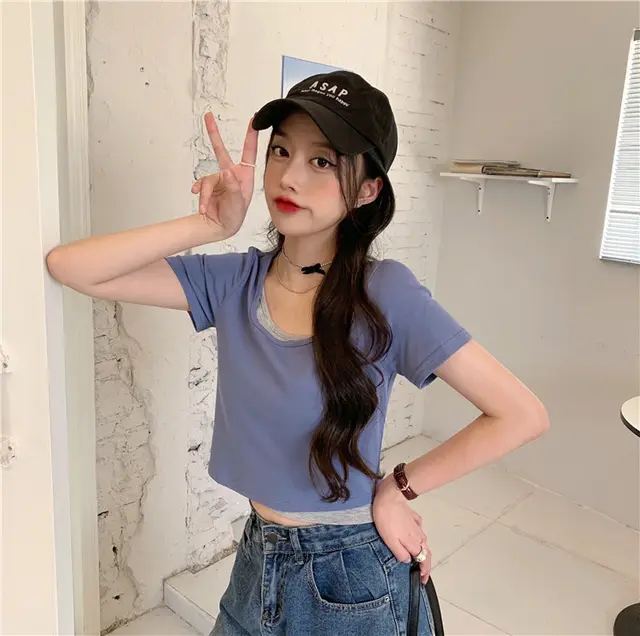 Short Top Clothes Women's Summer New High waisted Self cultivation Fake Two piece Sweet Style Short sleeved T shirt Ins Tide Blue - Shop at LoveMi