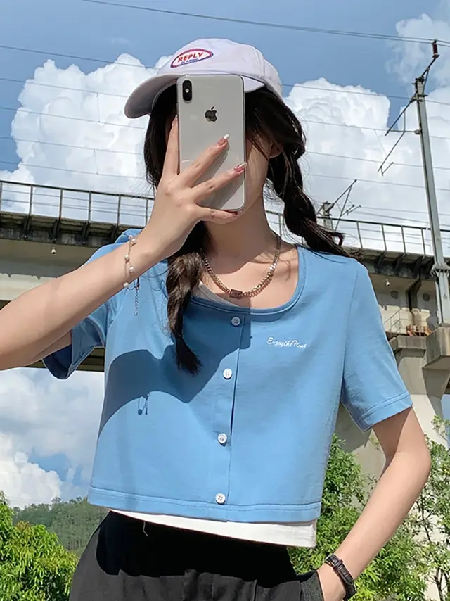 Fake Two piece Square Neck Short sleeved Sweet Cool Top Blue - Shop at LoveMi