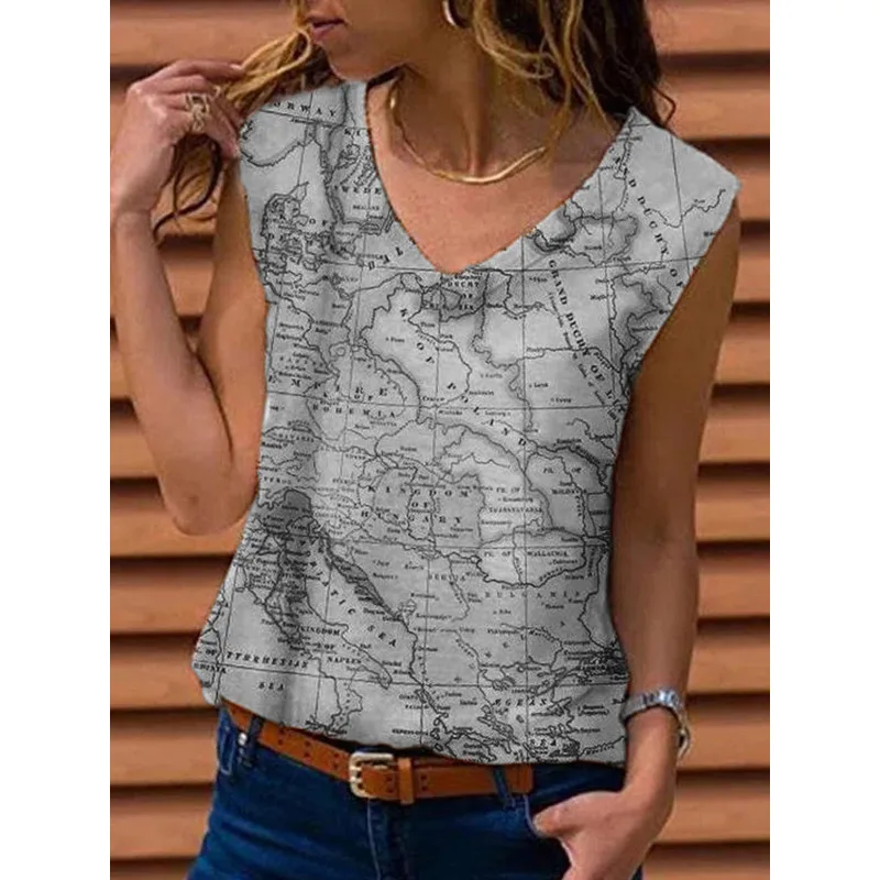Women's Vest Map Print T shirt Top Grey - Shop at LoveMi