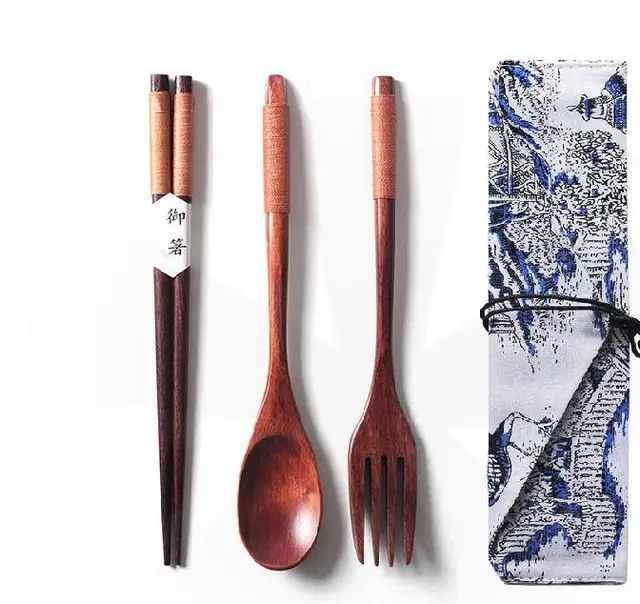 Luxury Japanese style Wooden Chopsticks Personalized Creative Pointed Chopsticks Cloth Bag With Spoon And Fork - Shop at LoveMi