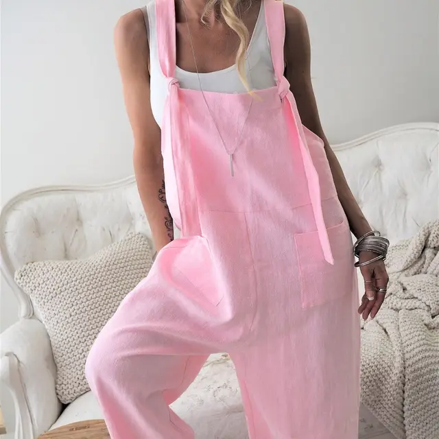 Casual Straight leg Trousers With Solid Color Straps And Pockets Pink - Shop at LoveMi