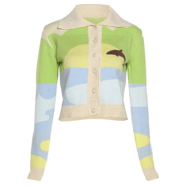That Girl Personality Younger Age Trendy Hit Color Animal Print Thinner Polo Collar Knitted Cardigan Women's Summer Green - Shop at LoveMi