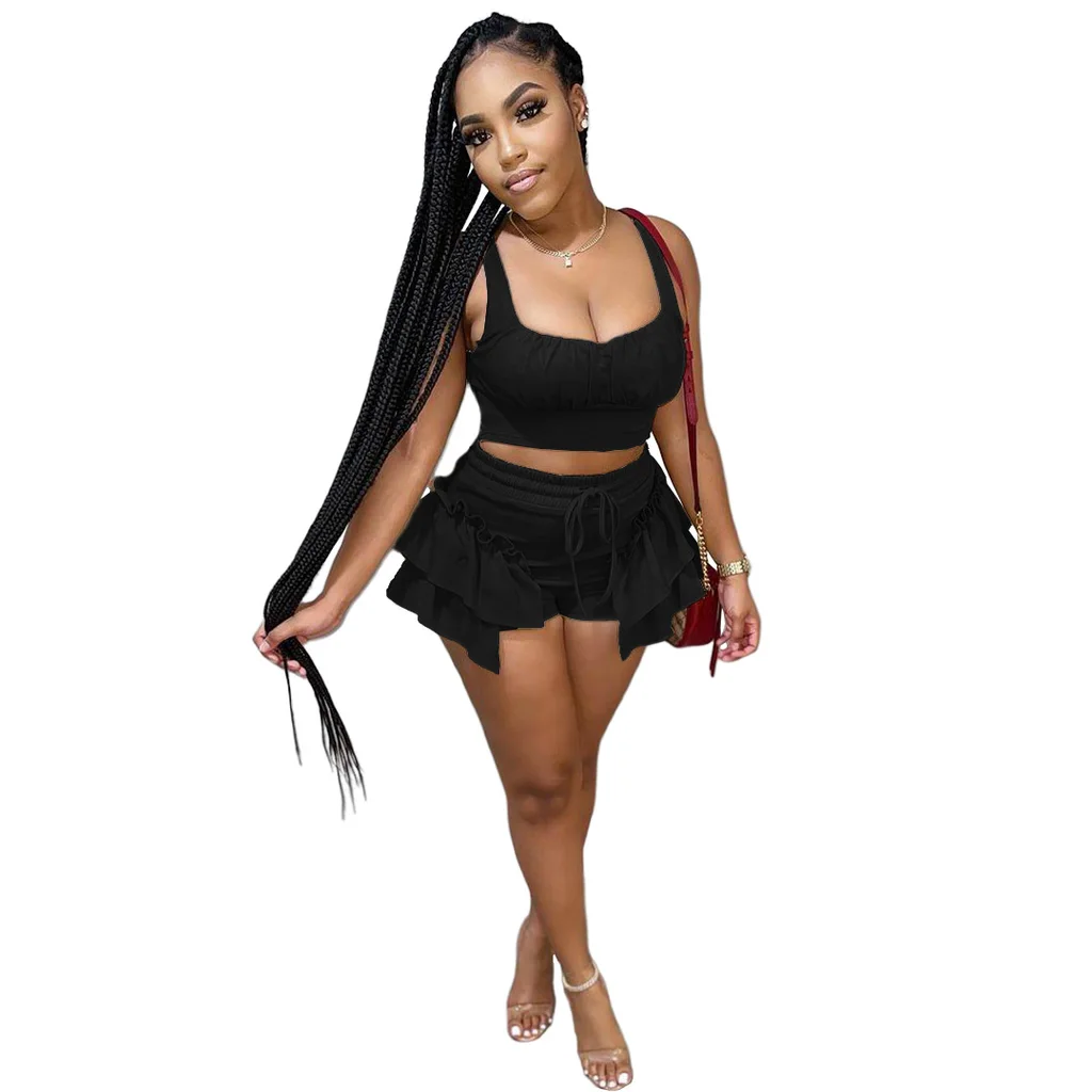 Nightclub Clothes Two-piece Suit Of Solid Colour Vest And Shorts With Wooden Ears - Black