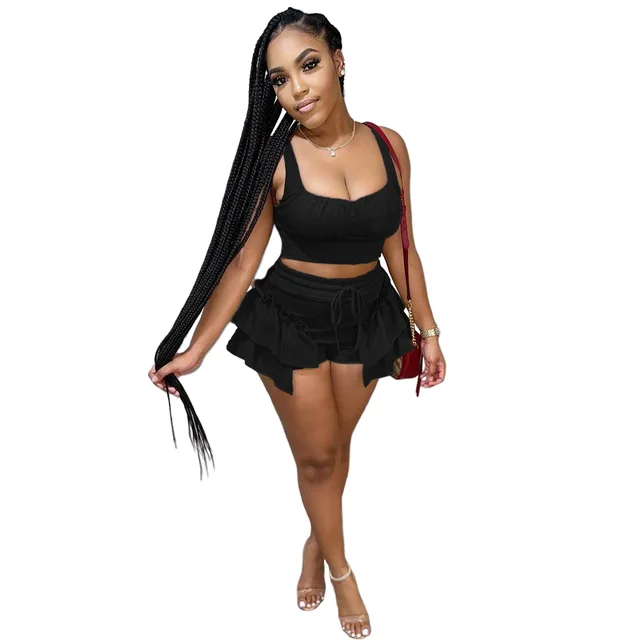 Nightclub Clothes Two piece Suit Of Solid Color Vest And Shorts With Wooden Ears Black - Shop at LoveMi