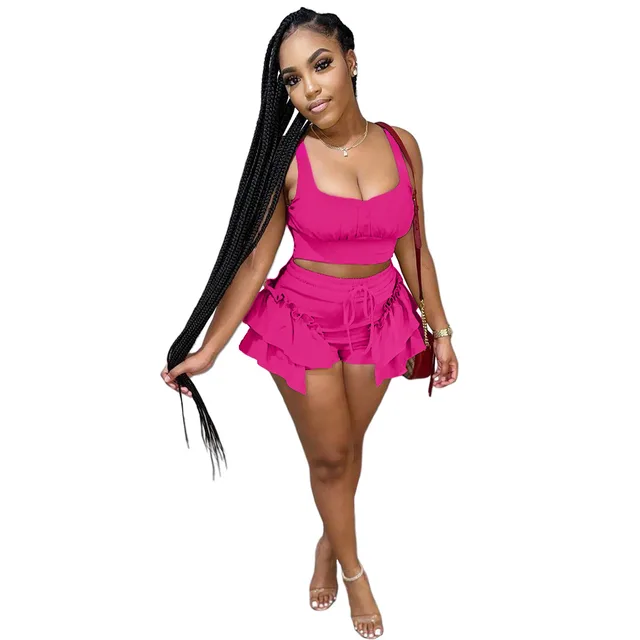 Nightclub Clothes Two piece Suit Of Solid Color Vest And Shorts With Wooden Ears Rose Red - Shop at LoveMi