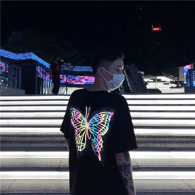 Korean Version Ins Retro Reflective Butterfly Print Loose Bottoming Shirt Short Sleeved Black - Shop at LoveMi