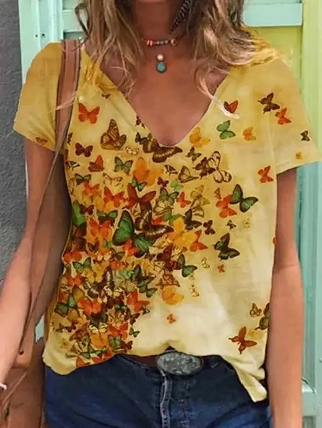 Butterfly Print V Neck Short Sleeved Ladies T Shirt Top Yellow - Shop at LoveMi