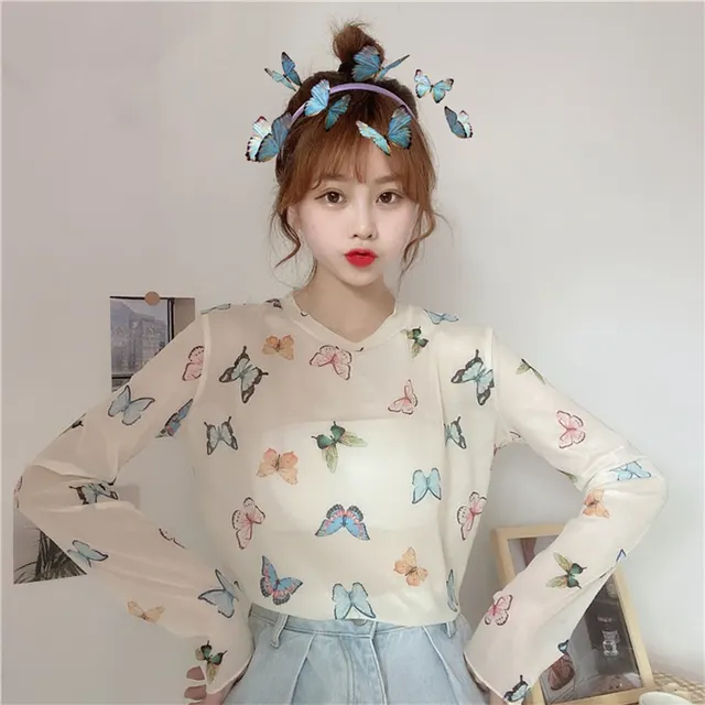 Sun Protection Clothing Ice Silk Long sleeved T shirt Mesh Thin Bottoming Shirt Butterfly - Shop at LoveMi