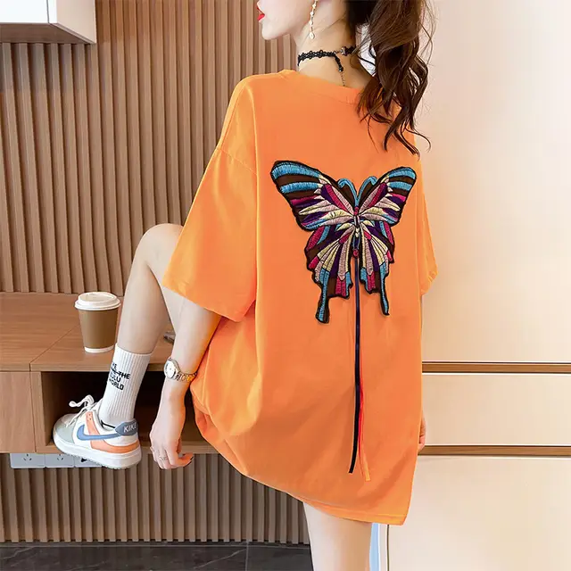 Women's Summer Butterfly Embroidery Personality Short sleeved T shirt Orange - Shop at LoveMi